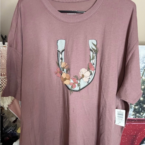 Torrid Horseshoe Floral Embroidered Oversized Cotton T-Shirt Rose Taupe Size 1X - Picture 1 of 4